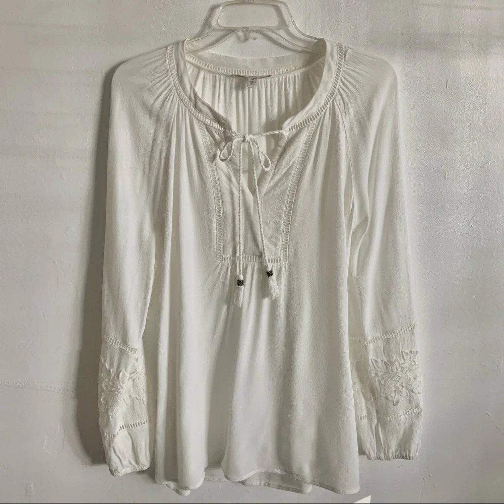 Pale Sky Peasant Boho White Long Sleeve Blouse size M